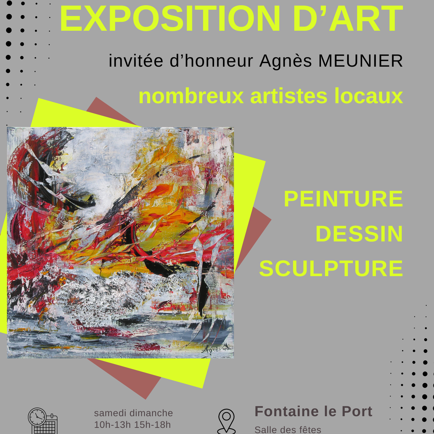 L'exposition d'ART du Comité des Fêtes de Fontaine-le-Port aura lieu début mai dans la salle des fêtes. Les inscriptions sont closes.