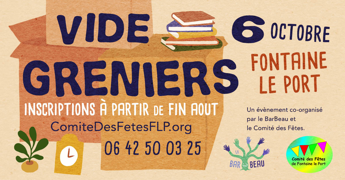 Les inscriptions sont ouvertes pour réserver un emplacement si vous souhaitez participer au VIDE-Greniers le 6 octobre prochain.